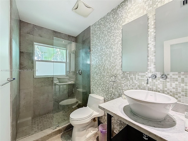2810 Crystal Ct, Miami, FL 33133 - bathroom with tile walls, toilet, walk in shower, and vanity