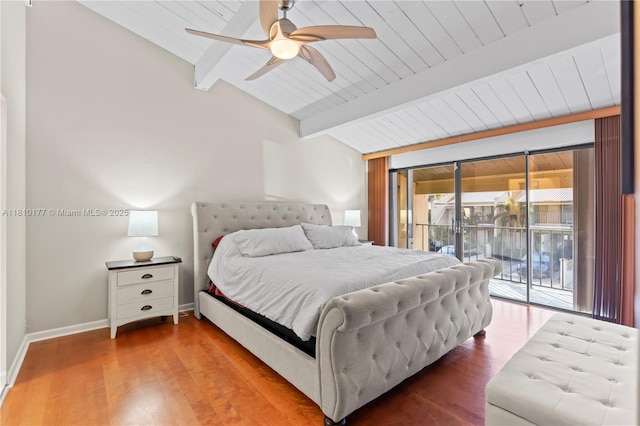 760 E Coco Plum Cir, Plantation, FL 33324 - bedroom featuring access to outside, baseboards, wood finished floors, wooden ceiling, and ceiling fan