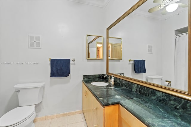 760 E Coco Plum Cir, Plantation, FL 33324 - full bath with toilet, ornamental molding, vanity, tile patterned floors, and ceiling fan