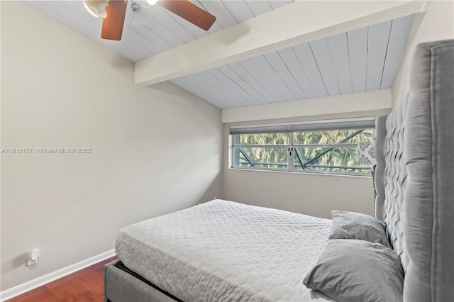 760 E Coco Plum Cir, Plantation, FL 33324 - bedroom with baseboards, wood finished floors, a ceiling fan, and wooden ceiling with exposed beams