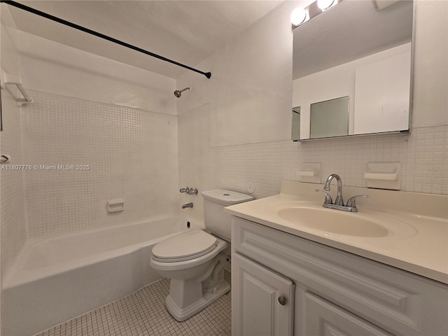 1140 71st St Unit 3, Miami Beach, FL 33141 - bathroom with bathing tub / shower combination, tile patterned floors, vanity, toilet, and tile walls