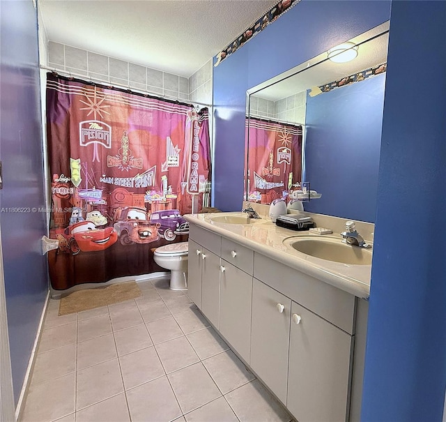 9772 SW 159th Ave, Miami, FL 33196 - full bath featuring tile patterned flooring, double vanity, toilet, a shower with curtain, and a textured ceiling