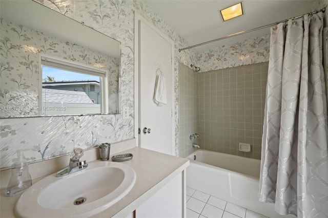 4465 SW 37th Ave, Dania Beach, FL 33312 - full bathroom featuring shower / tub combo, tile patterned floors, vanity, and wallpapered walls