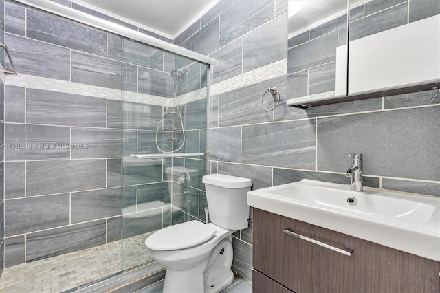 18110 SW 153rd Ct, Miami, FL 33187 - bathroom featuring a shower stall, tile walls, and vanity