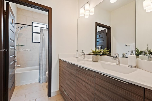 9145 NW 154th Ter, Miami Lakes, FL 33018 - full bath with double vanity, shower / tub combo with curtain, tile patterned flooring, and toilet