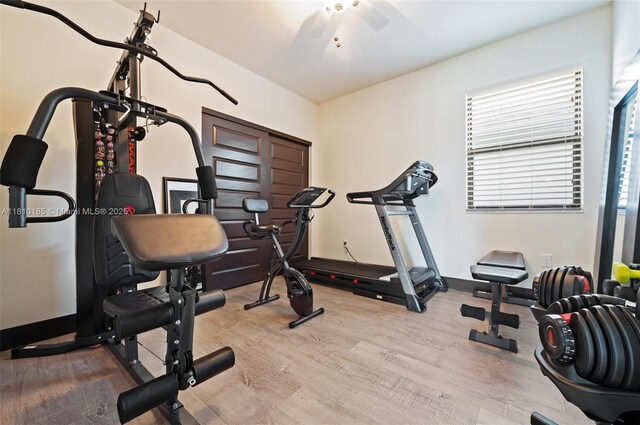 9145 NW 154th Ter, Miami Lakes, FL 33018 - workout room with wood finished floors and ceiling fan