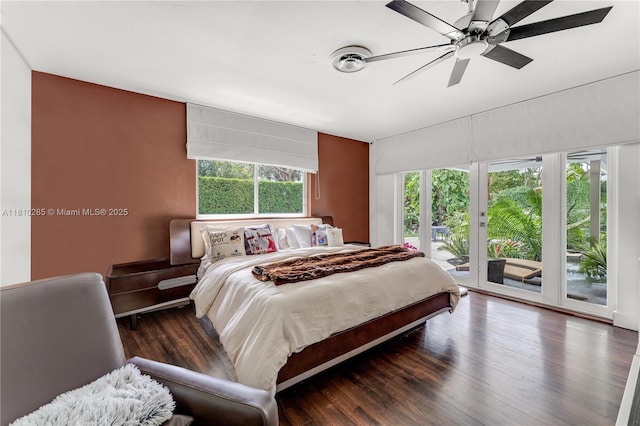 259 E Shore Dr E, Miami, FL 33133 - bedroom with access to exterior, wood finished floors, and a ceiling fan