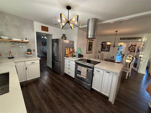 15223 SW 152nd Ave, Miami, FL 33187 - kitchen with a chandelier, stainless steel appliances, a peninsula, dark wood-style flooring, and white cabinetry