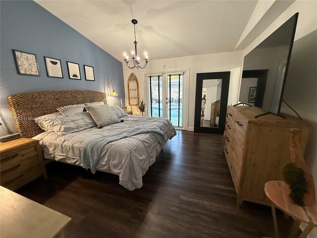 15223 SW 152nd Ave, Miami, FL 33187 - bedroom with lofted ceiling, access to exterior, dark wood-style flooring, a chandelier, and baseboards
