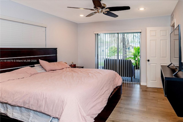 5710 NW 73rd Ave, Tamarac, FL 33321 - bedroom featuring access to exterior, wood finished floors, recessed lighting, and ceiling fan