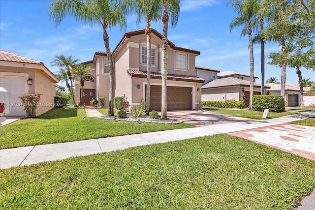 18018 SW 30th Ct, Miramar, FL 33029 - mediterranean / spanish home with a tile roof, concrete driveway, stucco siding, a garage, and a front lawn