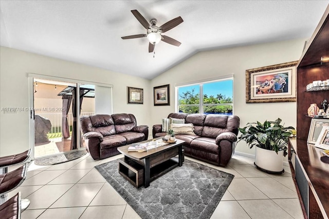 18018 SW 30th Ct, Miramar, FL 33029 - living room with a ceiling fan, light tile patterned floors, and lofted ceiling