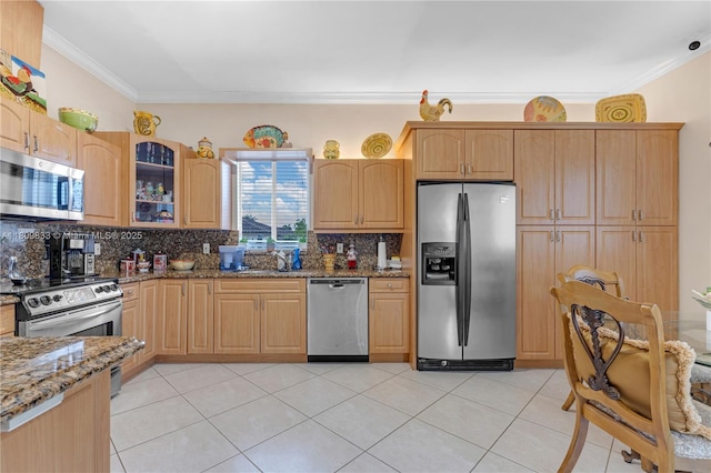 2801 SW 139th Ct, Miami, FL 33175 - kitchen with appliances with stainless steel finishes, ornamental molding, stone countertops, backsplash, and glass insert cabinets