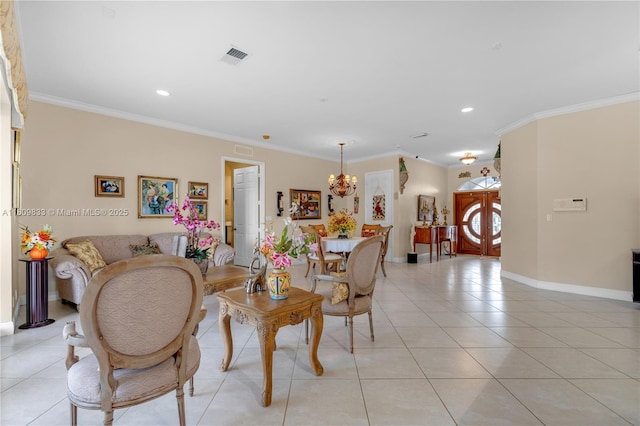 2801 SW 139th Ct, Miami, FL 33175 - living area featuring light tile patterned flooring, crown molding, baseboards, a chandelier, and recessed lighting