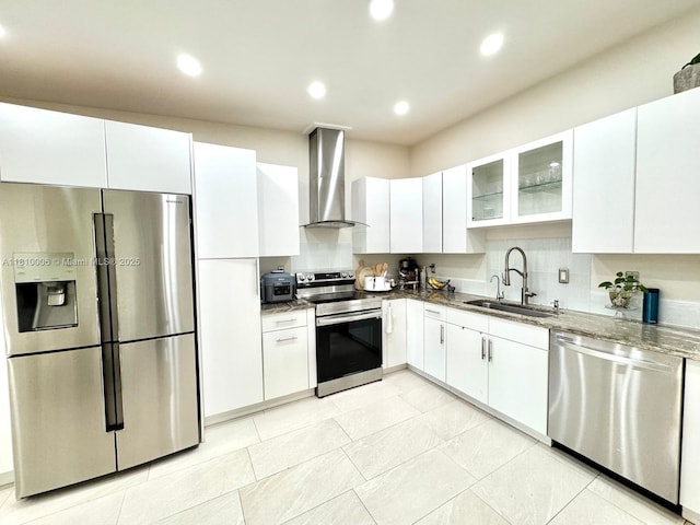 18830 NW 65th Ct, Hialeah, FL 33015 - kitchen with stainless steel appliances, wall chimney range hood, a sink, stone counters, and white cabinetry