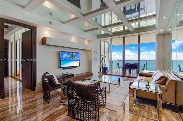 9703 Collins Ave Unit 2615, Bal Harbour, FL 33154 - living area featuring coffered ceiling, beam ceiling, and wood finished floors