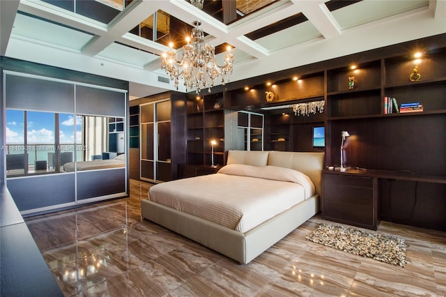 9703 Collins Ave Unit 2615, Bal Harbour, FL 33154 - bedroom featuring coffered ceiling, marble finish flooring, beamed ceiling, and a chandelier