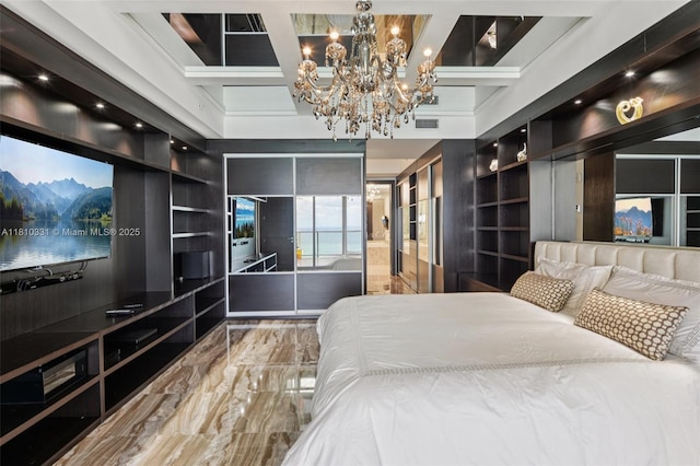 9703 Collins Ave Unit 2615, Bal Harbour, FL 33154 - bedroom featuring a chandelier, coffered ceiling, and marble tiled flooring