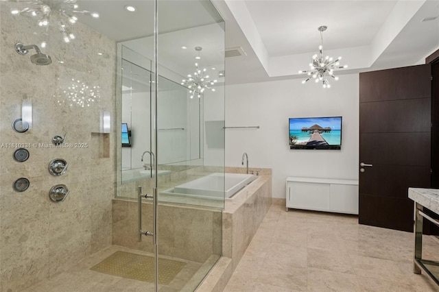 9703 Collins Ave Unit 2615, Bal Harbour, FL 33154 - full bathroom featuring a chandelier, a shower stall, a bath, tile patterned floors, and a tray ceiling