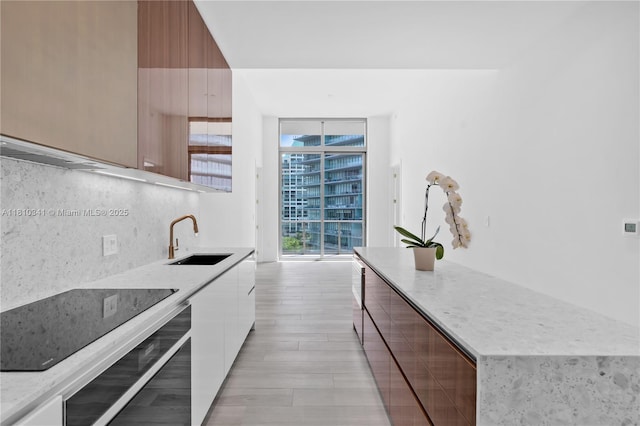 2655 S Bayshore Dr Unit 705, Miami, FL 33133 - kitchen with modern cabinets, a sink, tasteful backsplash, expansive windows, and light stone countertops