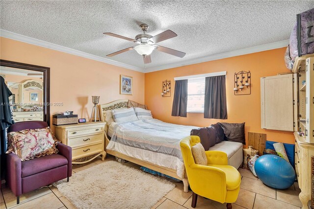5829 Taylor St, Hollywood, FL 33021 - tiled bedroom featuring crown molding, a ceiling fan, and a textured ceiling