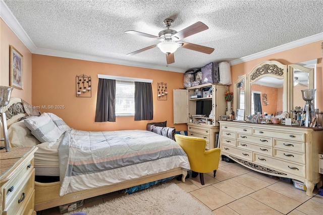 5829 Taylor St, Hollywood, FL 33021 - bedroom with crown molding, a textured ceiling, light tile patterned floors, and a ceiling fan