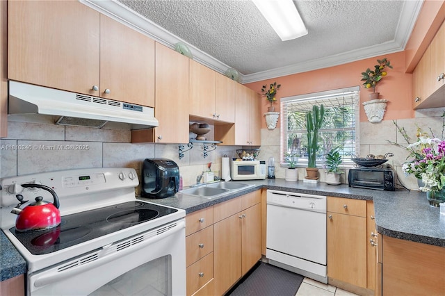 5829 Taylor St, Hollywood, FL 33021 - kitchen featuring white appliances, under cabinet range hood, a sink, a textured ceiling, and crown molding