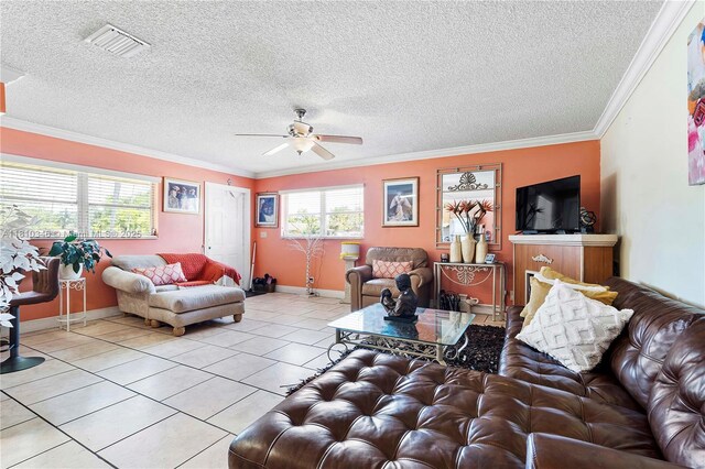 5829 Taylor St, Hollywood, FL 33021 - living room with a ceiling fan, crown molding, a textured ceiling, light tile patterned floors, and baseboards