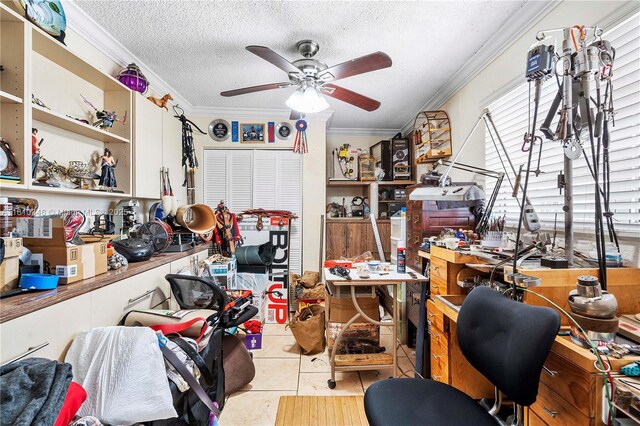 5829 Taylor St, Hollywood, FL 33021 - office with crown molding, a ceiling fan, and a textured ceiling