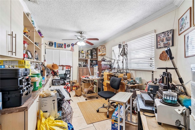 5829 Taylor St, Hollywood, FL 33021 - office area featuring crown molding, ceiling fan, a textured ceiling, and light tile patterned floors
