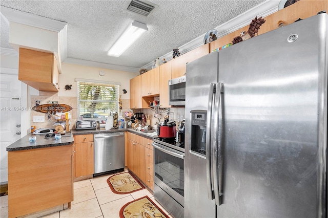 5829 Taylor St, Hollywood, FL 33021 - kitchen featuring stainless steel appliances, crown molding, a textured ceiling, backsplash, and light tile patterned flooring