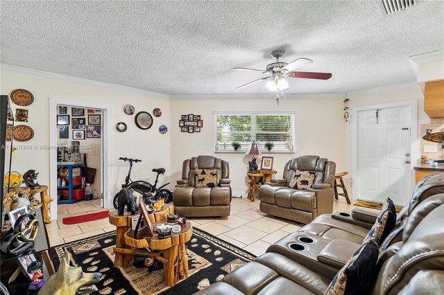 5829 Taylor St, Hollywood, FL 33021 - living room with a ceiling fan, light tile patterned flooring, ornamental molding, and a textured ceiling