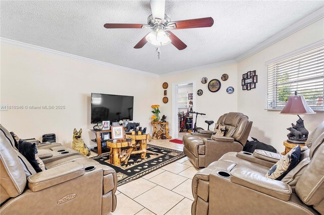 5829 Taylor St, Hollywood, FL 33021 - living area featuring a textured ceiling, a ceiling fan, light tile patterned flooring, and ornamental molding