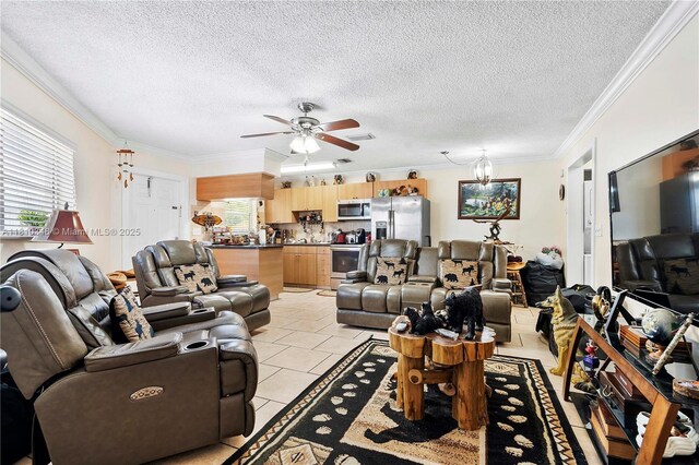 5829 Taylor St, Hollywood, FL 33021 - living area with a ceiling fan, ornamental molding, a textured ceiling, and light tile patterned floors