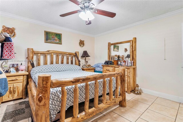 5829 Taylor St, Hollywood, FL 33021 - bedroom featuring crown molding, a textured ceiling, light tile patterned flooring, a ceiling fan, and baseboards