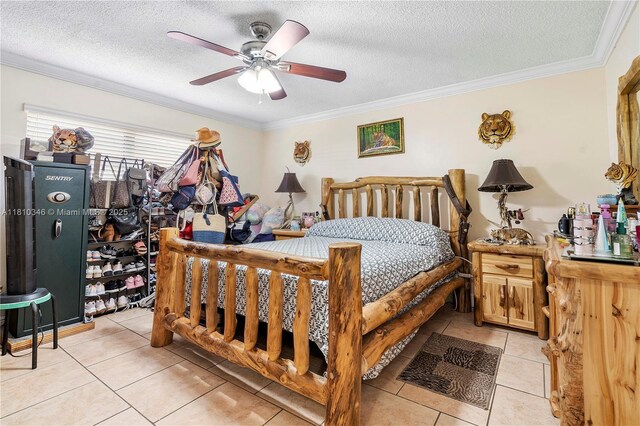 5829 Taylor St, Hollywood, FL 33021 - bedroom featuring light tile patterned flooring, crown molding, a textured ceiling, and a ceiling fan