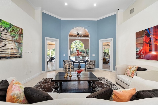 15960 SW 250th St, Homestead, FL 33031 - tiled living room with ornamental molding, ceiling fan, recessed lighting, baseboards, and a towering ceiling