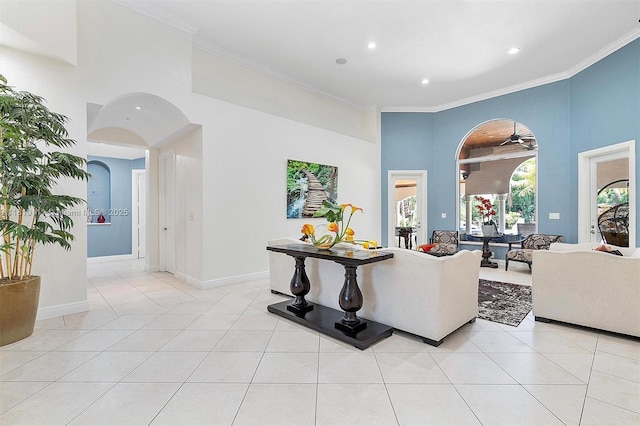15960 SW 250th St, Homestead, FL 33031 - living area featuring ornamental molding, light tile patterned flooring, recessed lighting, baseboards, and a ceiling fan