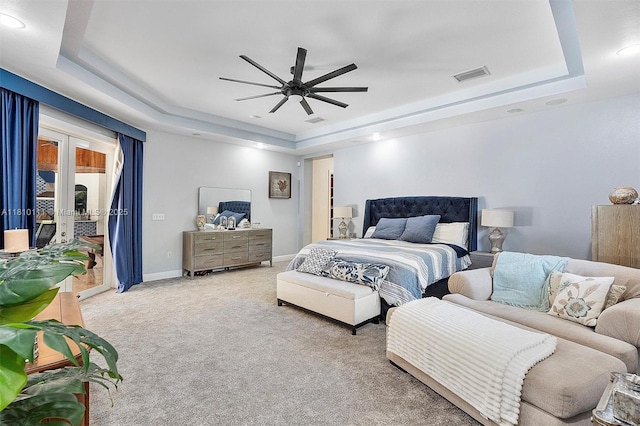 15960 SW 250th St, Homestead, FL 33031 - carpeted bedroom with a tray ceiling, access to outside, ceiling fan, baseboards, and recessed lighting