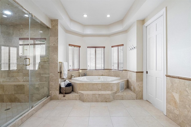 15960 SW 250th St, Homestead, FL 33031 - bathroom featuring a garden tub, a stall shower, tile patterned floors, wainscoting, and recessed lighting