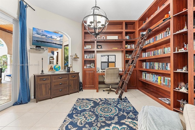 15960 SW 250th St, Homestead, FL 33031 - office with light tile patterned floors, a chandelier, and built in desk