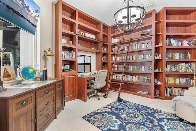 15960 SW 250th St, Homestead, FL 33031 - office with light tile patterned flooring, a chandelier, and built in desk