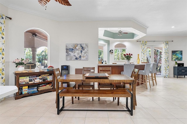 15960 SW 250th St, Homestead, FL 33031 - dining room featuring ceiling fan, ornamental molding, light tile patterned flooring, arched walkways, and recessed lighting
