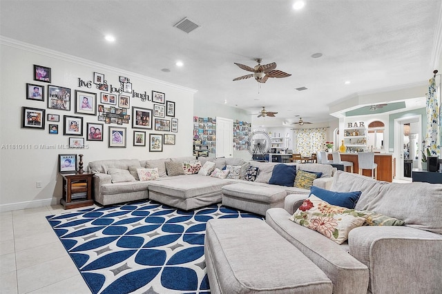 15960 SW 250th St, Homestead, FL 33031 - living room with crown molding, light tile patterned floors, recessed lighting, ceiling fan, and baseboards