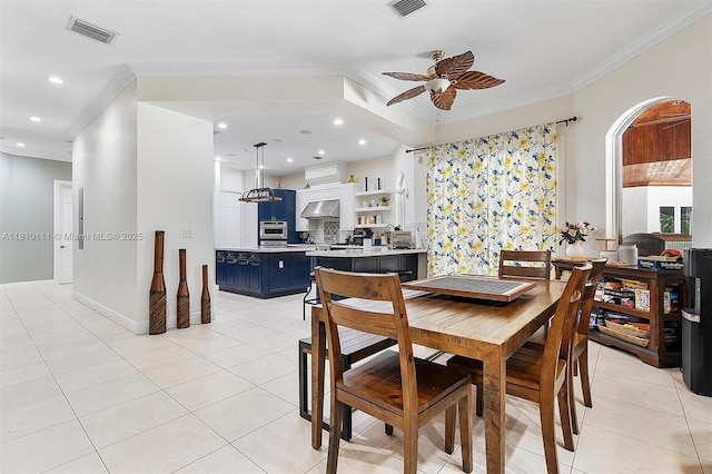 15960 SW 250th St, Homestead, FL 33031 - dining space featuring ornamental molding, a ceiling fan, light tile patterned flooring, and recessed lighting