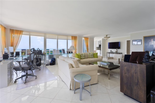 881 Ocean Dr Unit 13H, Key Biscayne, FL 33149 - living area featuring healthy amount of natural light, an office area, ornamental molding, and light tile patterned flooring