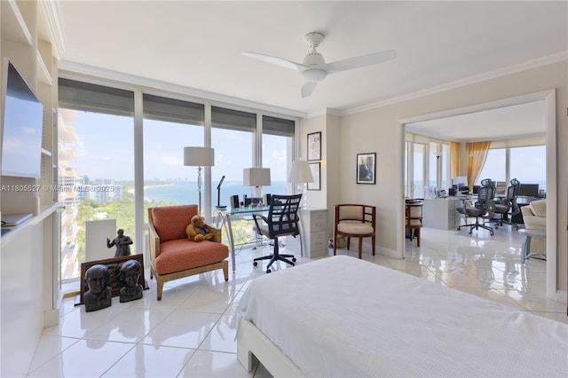 881 Ocean Dr Unit 13H, Key Biscayne, FL 33149 - bedroom featuring an office area, light tile patterned floors, and crown molding