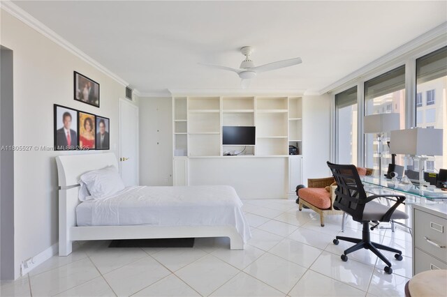 881 Ocean Dr Unit 13H, Key Biscayne, FL 33149 - tiled bedroom with ornamental molding, a desk, and a ceiling fan