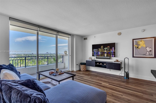 3232 SW 22nd Ter Unit 1106, Miami, FL 33145 - living area with a textured ceiling, dark wood-type flooring, baseboards, and a wall of windows