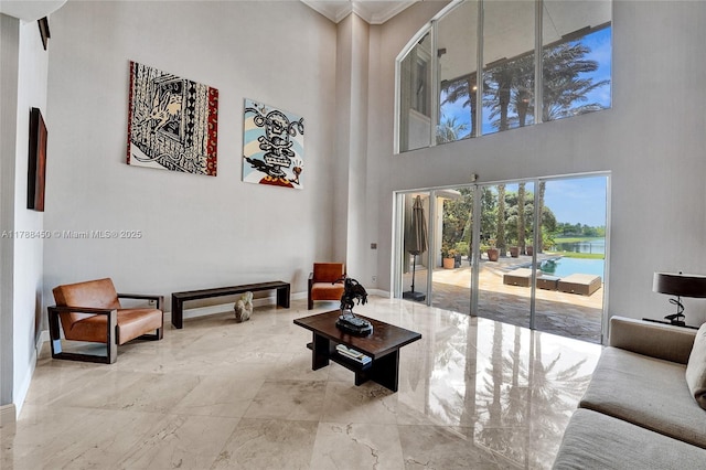 11356 Canyon Maple Blvd, Davie, FL 33330 - living area with marble tiled floors, a high ceiling, crown molding, and baseboards